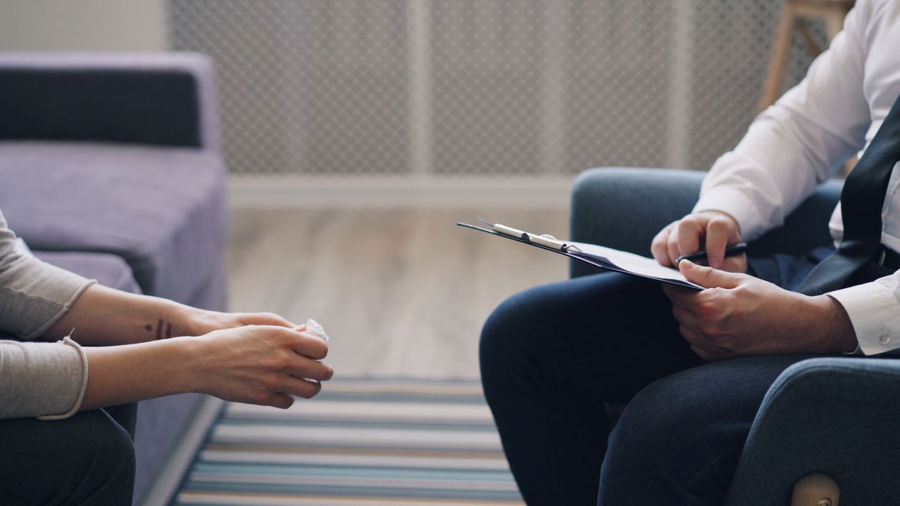 about-03 A therapy session with a psychologist and patient, discussing mental health indoors.